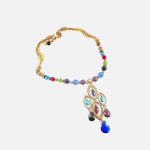 Vintage Chicos Boho Statement Necklace With Multicolor Beads & Gold-Tone Chain